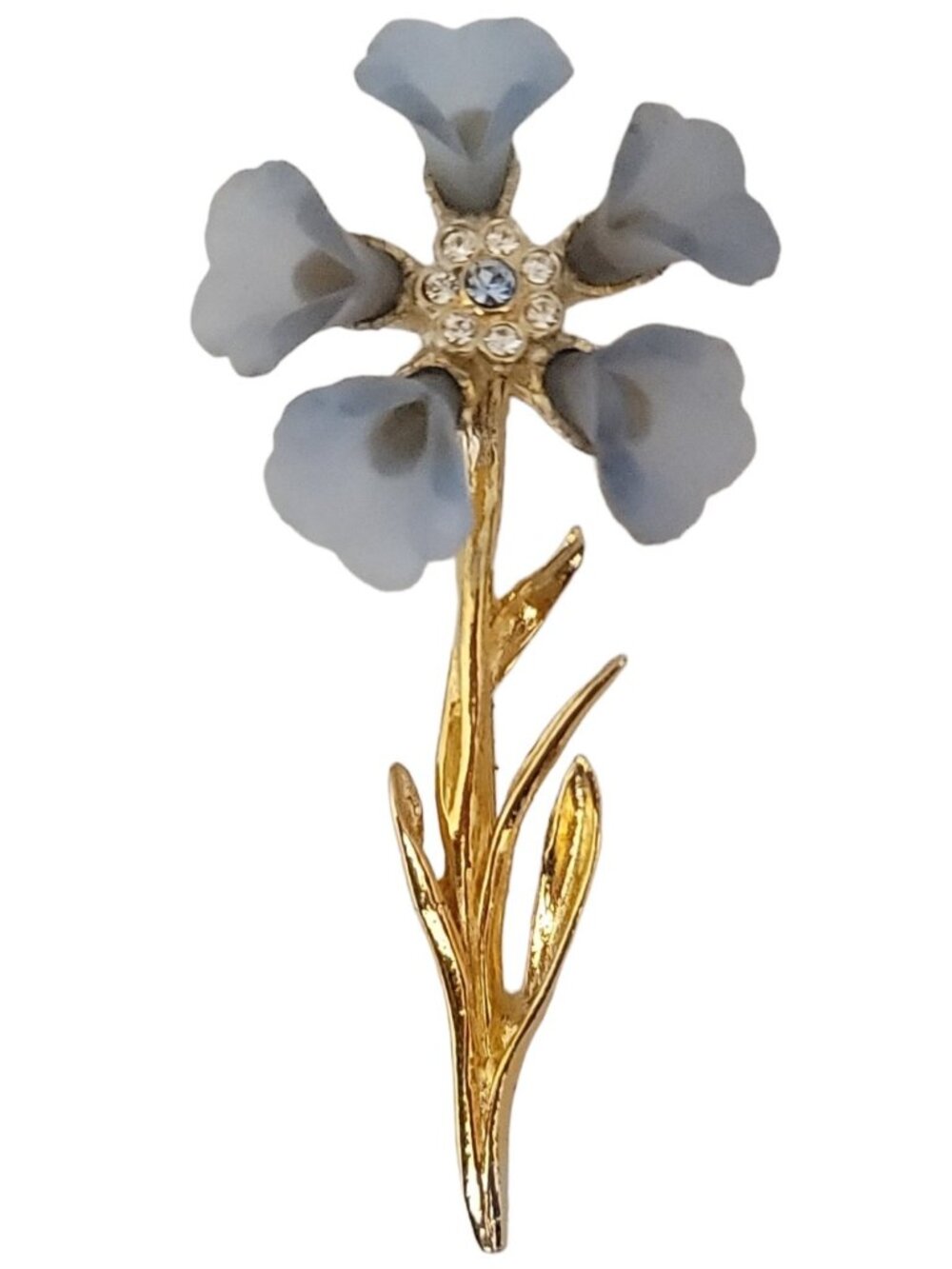 VMFA Gold Tone Blue Clear Rhinestones Blue Lucite Flower Lily Brooch, Signed